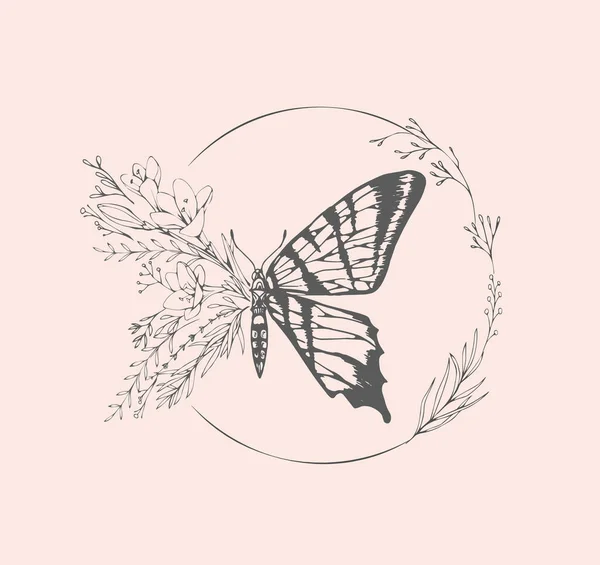 Halb geformter Schmetterling mit Zweig und Blumen für T-Shirt Print oder Wandkunst. Handgezeichnetes Hochzeitskraut. Botanische rustikale trendige Grünflächen. Vektor — Stockvektor