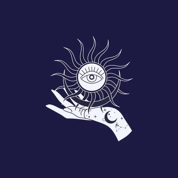 Logotipo mágico esotérico espiritual o talismán con manos de mujer en estilo silueta con estrellas, geometría sagrada luna y sol. Plantilla de logotipo de objeto de tatuaje místico Alchemy. Vector — Vector de stock