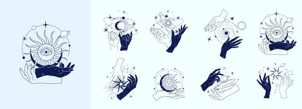 Logotipo mágico esotérico espiritual ou talismã com mãos de mulher em estilo silhueta com estrelas, lua geometria sagrada e sol. Modelo de logotipo de objeto de tatuagem místico de alquimia. Vetor — Vetor de Stock