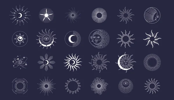 Set di celesti mistici elementi esoterici e magici sole e luna con splendore e sunburst. Modello di logo dell'oggetto tatuaggio alchimia. Vettore — Vettoriale Stock