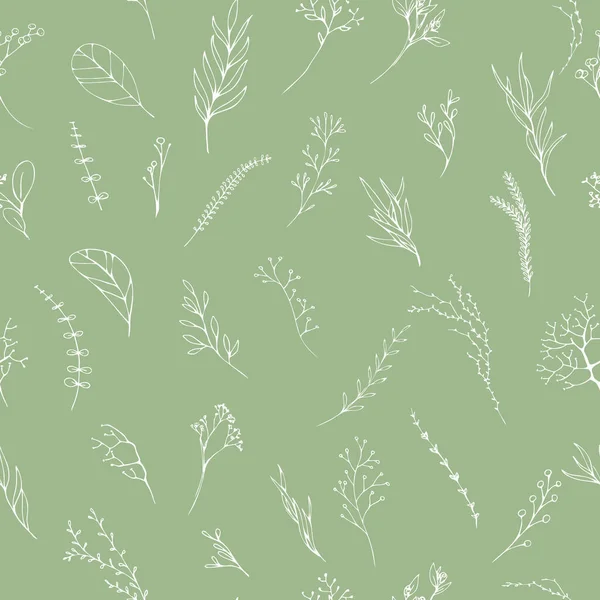ベクトルシームレスパターン。花の枝。手描きの結婚式のハーブ、招待状のためのエレガントな葉を持つ植物は、日付カードのデザインを保存します。植物の素朴な流行の緑 — ストックベクタ