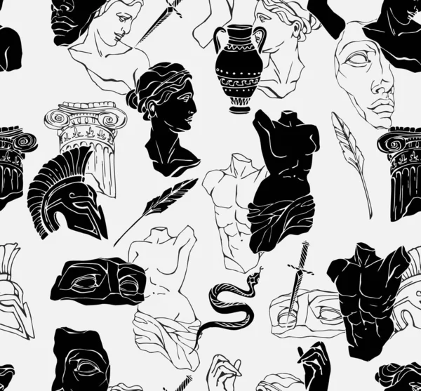 Vector seamless pattern with antique marble statues with broken elements. Greek classic ancient of Venus, amphora. Hand drawn mythical trendy vector — Stock Vector