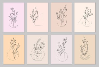 Çiçek dalı ve logo ya da dövme için minimalist çiçekler. El yapımı düğün otları, davetiye için zarif yapraklar. Randevu kartını sakla. Botanik kırsal trend yeşilliği