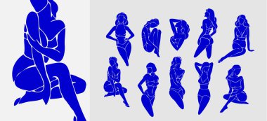 Çağdaş kadın matisse tarzı posterler. En az siluet mozaik tarzında bir kadın. Kadınlığın, güzelliğin ve modern sanatın yansıması. Soyut vektör