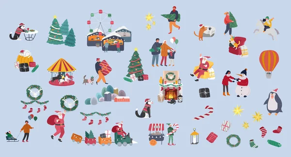 Állítsa be a karácsonyi és újévi ünnepi elemek kártyák. Animátor karácsonyi jelmezben, Mikulás és család. Karácsonyi téli vásár. Rajzfilm-vektor — Stock Vector