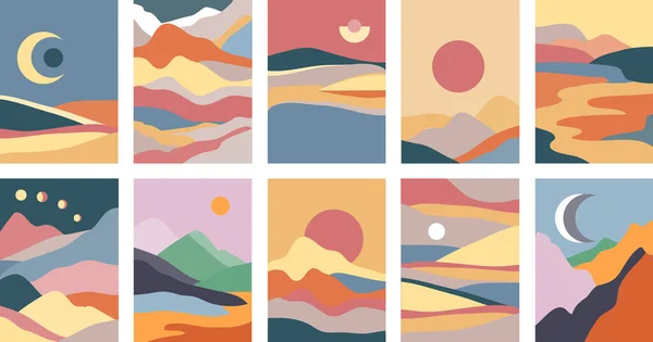 Set of abstract contemporary landscape posters in boho style. Mountain hills view with clouds, sun and moon.Mid century minimalist background for home decoration, wall decor or covers — Stock Vector