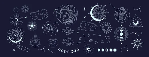 一组神秘而神秘的神奇元素日月和云彩不同阶段的月亮，黄道带星座。炼金术纹身对象标识模板。B.病媒 — 图库矢量图片