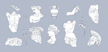 Kırık elementli antika mermer heykeller. Antik Yunan Venüs klasiği, amfora. Modern dövme ve logo. El çizimi efsanevi trend taşıyıcı