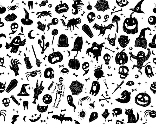 Halloween pomarańczowy świąteczny wzór bez szwu. Niekończące się tło z dyniami, czaszkami, nietoperzami, pająkami, duchami, kośćmi, cukierkami, pajęczyną i bańką mowy z boo — Wektor stockowy