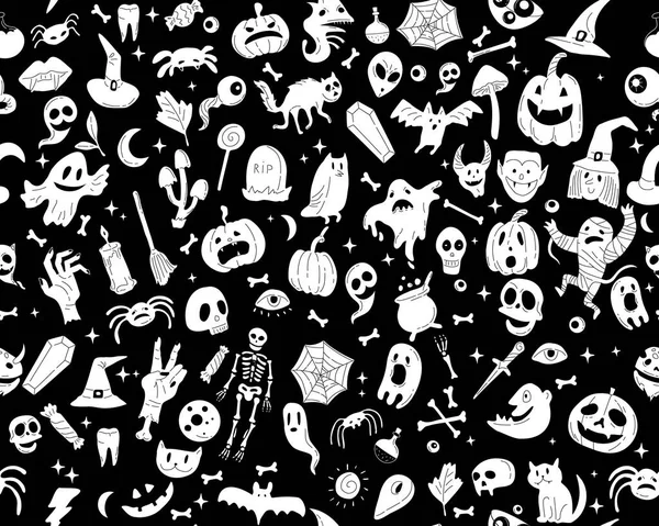 Хэллоуин оранжевый праздничный бесшовный узор. Бесконечный фон с тыквами, черепами, летучими мышами, пауками, призраками, костями, конфетками, паутиной и речевым пузырем с бу — стоковый вектор