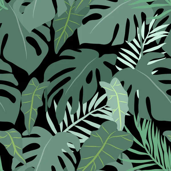 Patrón sin costura vectorial con hojas de plantas tropicales, palma de la selva y hojas de monstera. Vector floral — Vector de stock