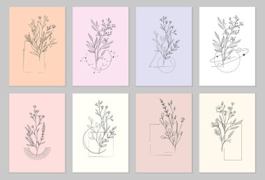 Çiçek dalı ve logo ya da dövme için minimalist çiçekler. El yapımı düğün otları, davetiye için zarif yapraklar. Randevu kartını sakla. Botanik kırsal trend yeşilliği