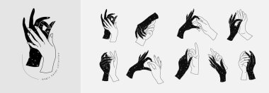 Ruhsal esrarengiz sihirli logo ya da kadın eli siluet şeklinde yıldızlı tılsım. Simyacı mistik bir obje logo kalıbı. Vektör