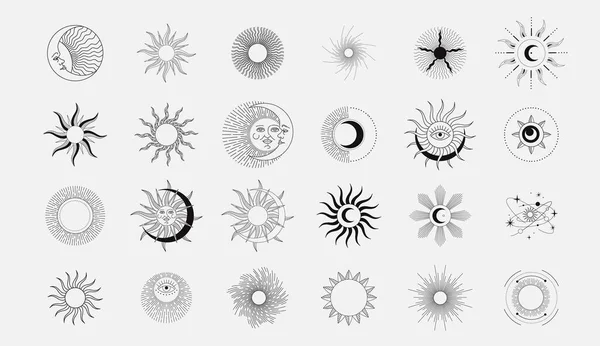 Set of celestial mystic esoteric and magic elements sun and moon with shine and sunburst. Alchemy tattoo object logo template. Vector — Stock Vector