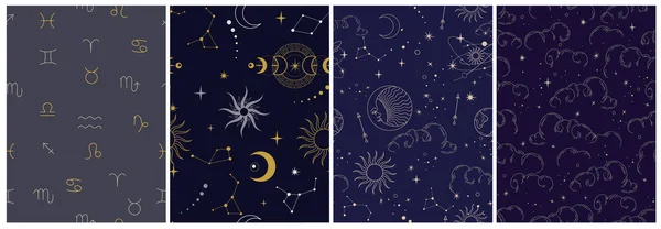 天马行空的天马行空，神秘而神秘的魔法元素，日月云不同阶段的月亮，黄道带星座。炼金术纹身模板 — 图库矢量图片