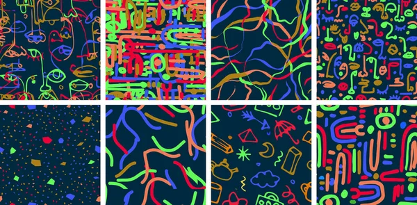 Набор красочных детских абстрактных ручных рисунков с бесшовным набором шаблонов. Современные минимальные современные модные свободные каракули. Мбаппе для социальных сетей, плакатов. Вектор — стоковый вектор