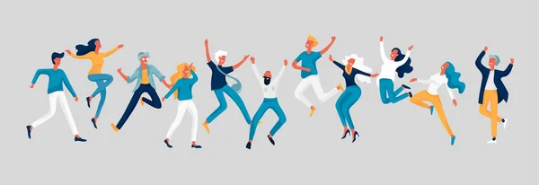 Personaje saltando en varias poses. Grupo de jóvenes riendo alegre gente saltando con las manos levantadas. Feliz positivos jóvenes hombres y mujeres — Vector de stock