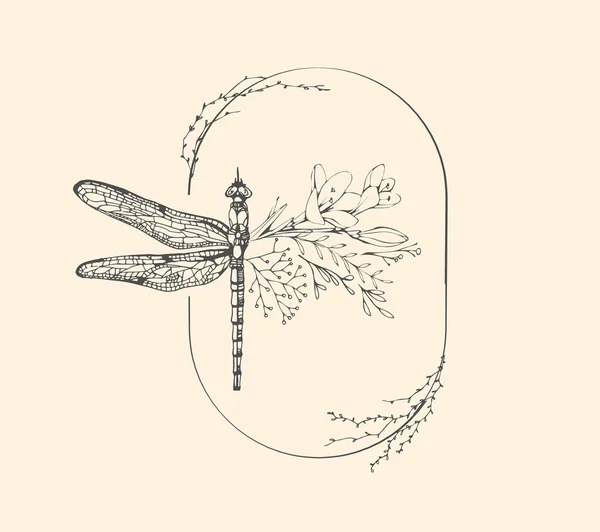 Half shape dragonfly with branch and flowers for tattoo t-shirt print or wall art. Hand drawn wedding herb. Botanical rustic trendy greenery. Vector — Stock Vector