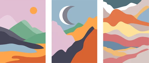 Conjunto de carteles abstractos contemporáneos de paisaje en estilo boho. Vista de las colinas de montaña con nubes, sol y fondo minimalista moon.Mid siglo para la decoración del hogar, decoración de la pared o cubiertas — Vector de stock