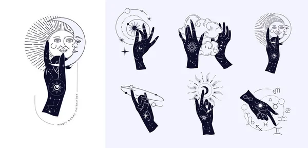 Spirituális ezoterikus mágikus logó vagy talizmán női kéz sziluett stílusban csillagok, szent geometria hold és a nap. Alkímia misztikus tetoválás tárgy logó sablon. Vektor — Stock Vector