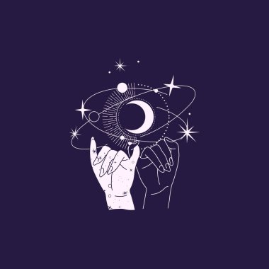 Ruhsal esrarengiz sihirli logo ya da kadın eli siluet şeklinde yıldızlı tılsım, kutsal geometri ayı ve güneş. Simyacı mistik bir obje logo kalıbı. Vektör