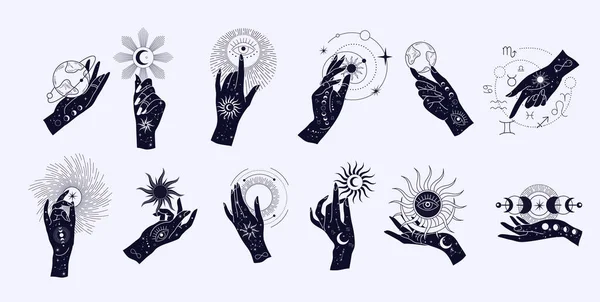 Logo magique ésotérique spirituel ou talisman avec des mains de femme en style silhouette avec étoiles, géométrie sacrée lune et soleil. Modèle de logo d'objet de tatouage mystique Alchemy. Vecteur — Image vectorielle