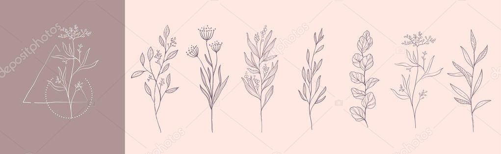 Floral branch and minimalist flowers for logo or tattoo. Hand drawn line wedding herb, elegant leaves for invitation save the date card. Botanical rustic trendy greenery vector