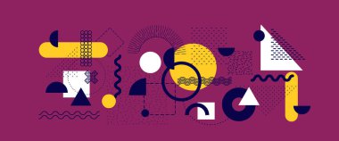 Soyut Bauhaus veya Memphis geometrik şekilleri ve kompozisyonu. Retro elementler, afiş için geometrik desen, poster, broşür. Arkaplan vektörü geometrik dizayn et