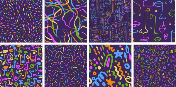 Set of colorful childish abstract hand drawn seamless pattern set. Contemporary minimal modern trendy freehand doodle. Templates for social media icons, posters. Vector — Stock Vector