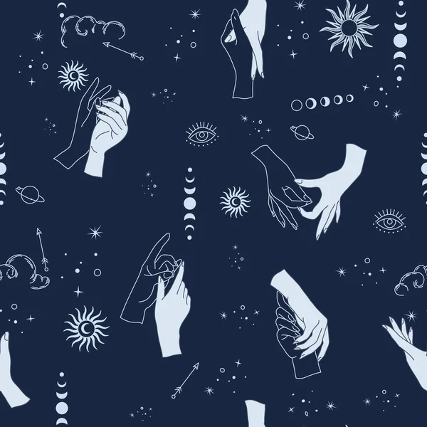 星、神聖な幾何学的な月と太陽とシルエットスタイルで女性の手で精神的な密教の魔法のロゴやお守り。錬金術神秘的な入れ墨オブジェクトのロゴテンプレート。ベクトル — ストックベクタ