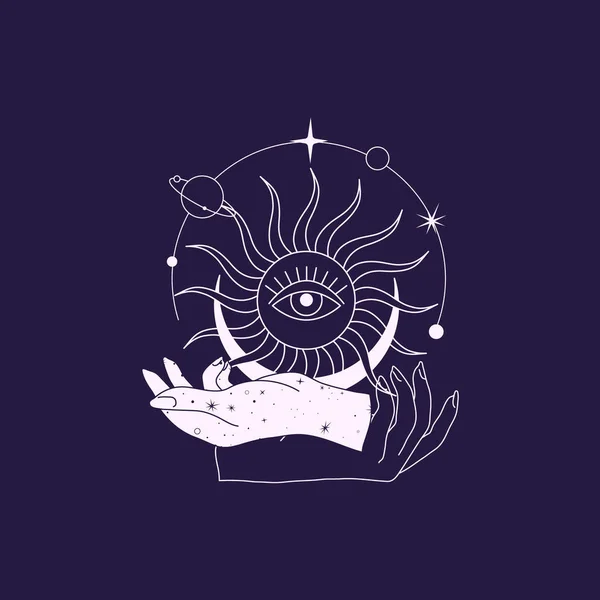Spirituelle esoterische Magie Logo oder Talisman mit Frauenhänden in Silhouette Stil mit Sternen, heilige Geometrie Mond und Sonne. Alchemie mystische Tätowierobjekt Logo-Vorlage. Vektor — Stockvektor