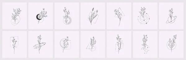 Ramo Floral Flores Minimalistas Para Logotipo Tatuagem Linha Desenhada Mão —  Vetores de Stock