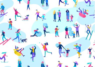 Kışlık giysiler ya da açık hava aktiviteleri düzenleyen insanlarla kusursuz bir şablon. Noel ailesi kayak yapıyor, kardan adam yapıyor, kış tatilinde kayak yapıyor.