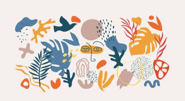 Organik el yazması matisse sanat tarzında soyut moda karalama. El, çeşitli şekiller ve nesneler çizdi. Posterler için çağdaş modern simgeler şablonları, sosyal medya. Vektör