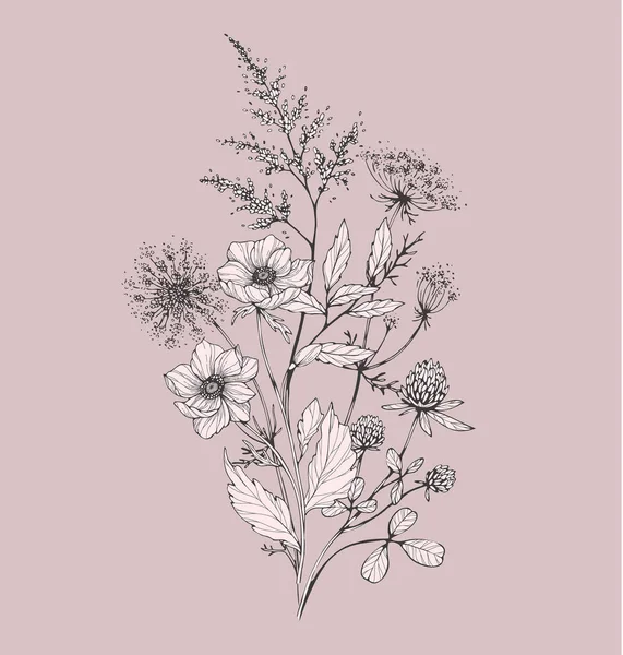 Модна квіткова гілка і мінімалістичні квіти для логотипу або прикраси. Рука намальована лінія весільної трави, елегантні листя для запрошення зберегти листівку дати. Ботанічна сільська модна зелень — стоковий вектор