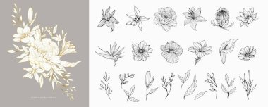 Logo ya da dekorasyon için moda çiçekler. El yapımı düğün dekorasyonu, davetiye için zarif yapraklar tarih kartını sakla. Botanik kırsal trend yeşilliği