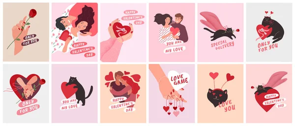 Conjunto de tarjeta de felicitación o póster del Día de San Valentín romántico. Gato dar corazón, manos y pareja en el amor. Volantes, invitación, folleto. Diseño de dibujos animados vectorial — Archivo Imágenes Vectoriales