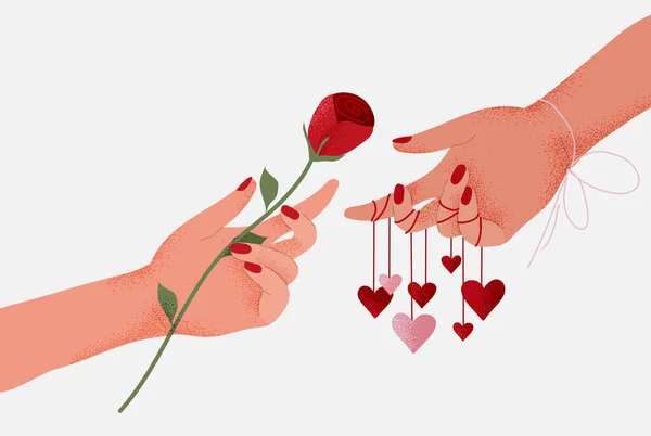Manos con rosa y corazones. Tarjeta de San Valentín. Vector coloful — Archivo Imágenes Vectoriales