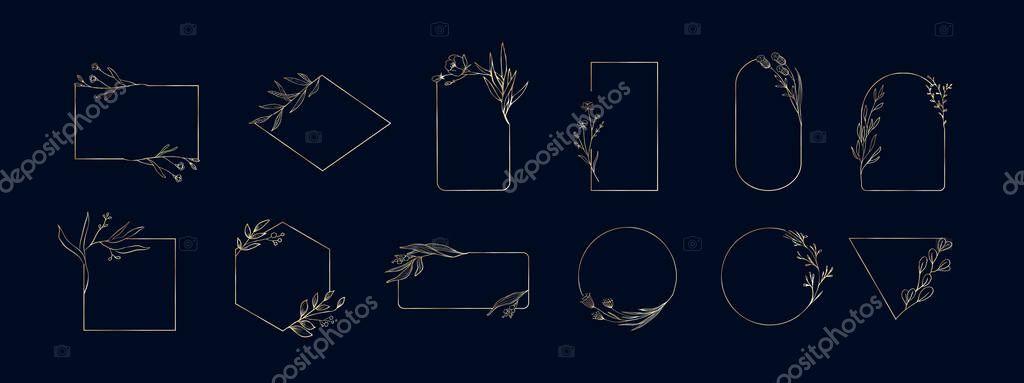 Set of elegant golden floral frames labels and banners in various forms. Hand drawn line wedding herb, elegant leaves for invitation save the date card. Botanical rustic trendy vector