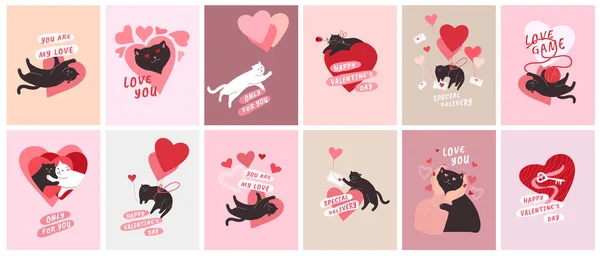 Cute cats in love. Romantic Valentines Day greeting card or poster. Cat give heart, kitten in hands, with love envelope, hero cat with rose. Flyers, invitation, brochure. Vector design concept — Stock Vector