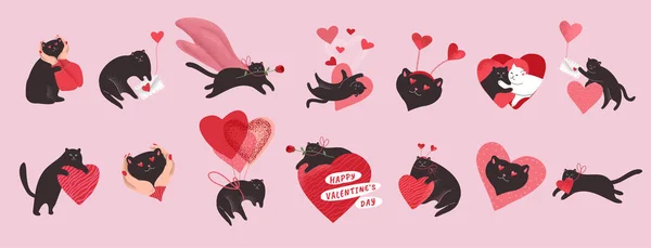 Lindos gatos enamorados. Set romántico de San Valentín para tarjeta de felicitación o póster. Gato dar corazón, gatito en las manos, gato héroe con rosa, gato volador en globo. Volantes, invitación. Concepto vectorial — Vector de stock