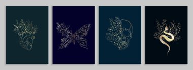 Yarı şekilli kelebek, dallı yılan ve kafatası ve dövme tişörtü ya da duvar resmi için çiçekler. El yapımı düğün otu. Botanik kırsal moda yeşillik. Vektör