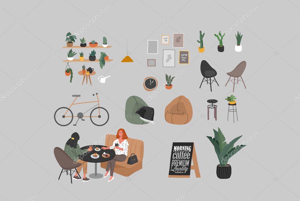 Coffee shop hand drawn collection . Cartoon constructor set. Small business, houseplant and interior decoration, logo lettering and quote, barista character, coffee pots sweets