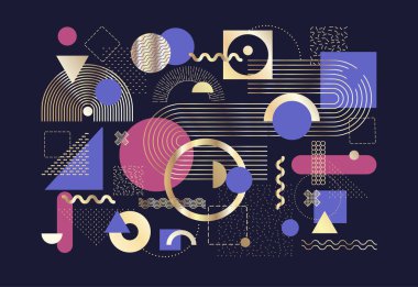 Soyut Bauhaus veya Memphis geometrik şekilleri ve kompozisyonu. Retro elementler, afiş için geometrik desen, poster, broşür. Arkaplan vektörü geometrik dizayn et