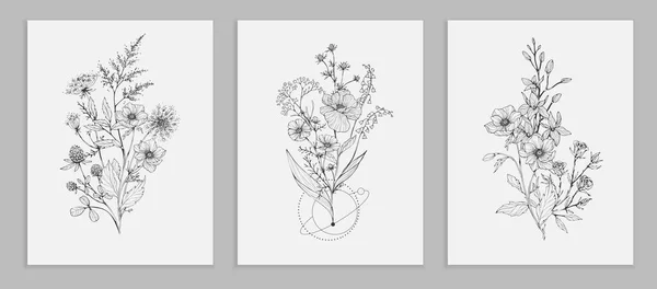 Trendiga vilda blommor och minimalistiska blommor för logotyp eller dekorationer. Handritad linje bröllop ört, eleganta blad för inbjudan spara datumkortet. Botaniska rustika trendiga grönska — Stock vektor