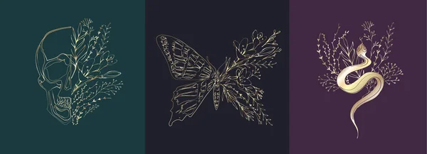 Половина форми метелик, змія і череп з гілкою і квітами для татуювання футболки друку або настінного мистецтва. Рука намальована весільна трава. Ботанічна сільська модна зелень. Векторні — стоковий вектор