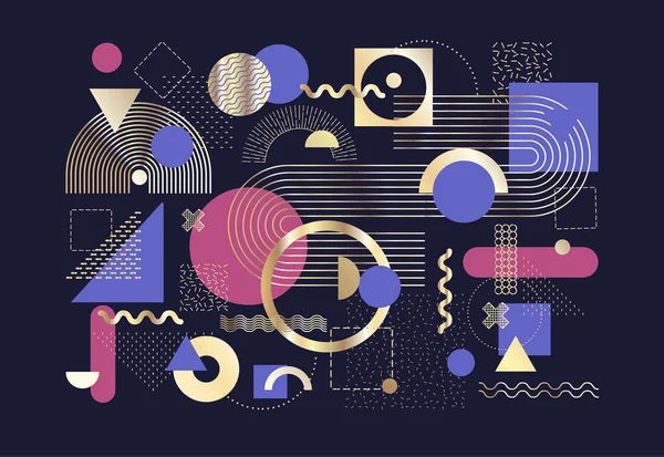 Soyut Bauhaus veya Memphis geometrik şekilleri ve kompozisyonu. Retro elementler, afiş için geometrik desen, poster, broşür. Arkaplan vektörü geometrik dizayn et