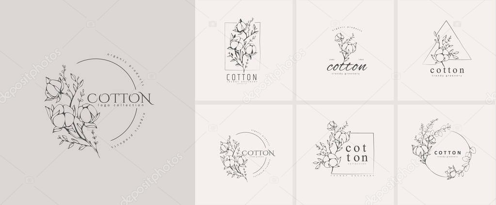 Cotton plant logo collection. Hand drawn line wedding herb, elegant leaves for invitation save the date card. Botanical rustic trendy greenery vector collection