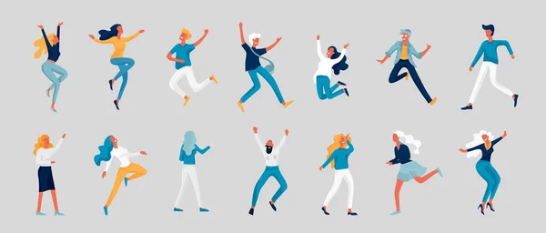 Personaje saltando en varias poses. Grupo de jóvenes riendo alegre gente saltando con las manos levantadas. Feliz positivos jóvenes hombres y mujeres — Vector de stock