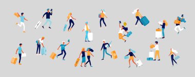 Farklı insanlar tatile seyahat. Bagaj ile turistler Aile, arkadaşlar ve yalnız seyahat, yolculuğa gidin. Bagaj ve ekipman ile çeşitli aktivite gezginler. Vektör